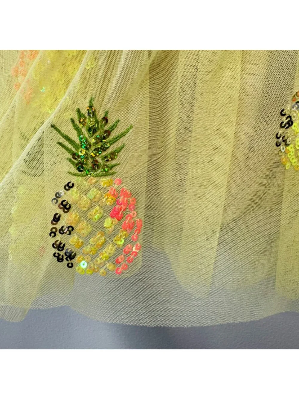 MONSOON Pineapple Disco Dress Girls 7-8 Yellow Tulle Tutu Sequins Pineapples - Picture 4 of 8